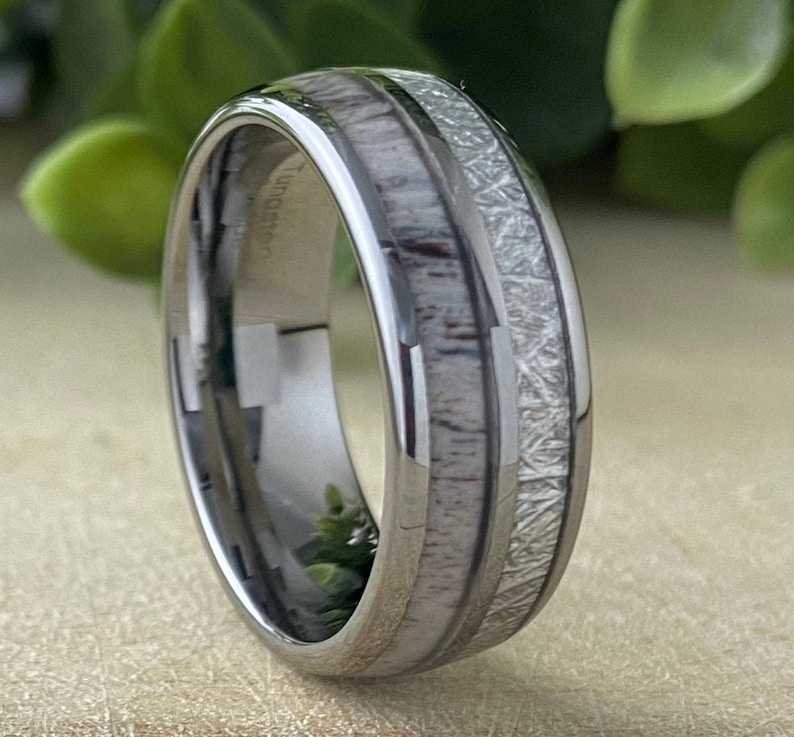 Deer Antler Wood Meteorite Wedding Bands Tungsten Ring Men