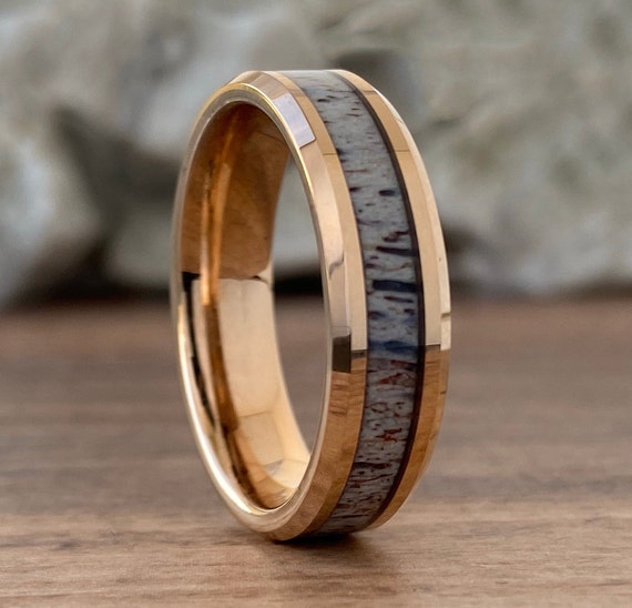 Rose Gold Deer Antler Wedding Band Women Men Tungsten Ring Polished Male 6MM Size 5 to 14 His Hers  Engagement Promise Male Anniversary Gift