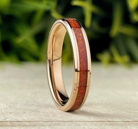 Red Opal Wedding Band Rose Gold Tungsten Ring 4mm Thin Women Men Beveled Design Size 4 to 12 Her Unique Anniversary Engagement Promise Gift