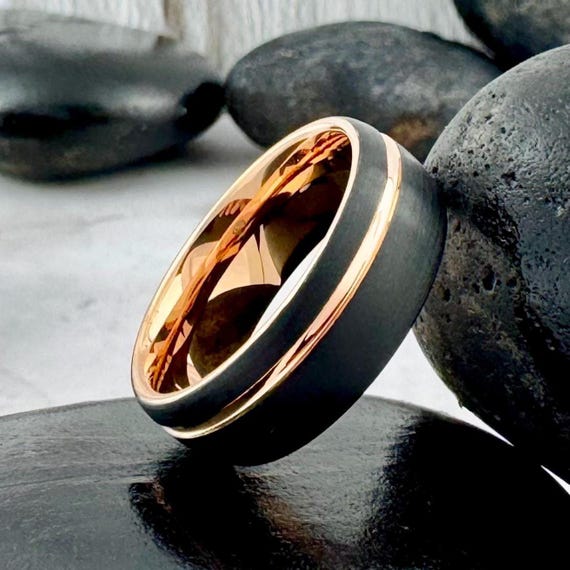 Rose Gold Wedding Band With Groove Men Black Tungsten Ring Two Tone Matte Brushed Design Male 8MM Anniversary Engagement Ring