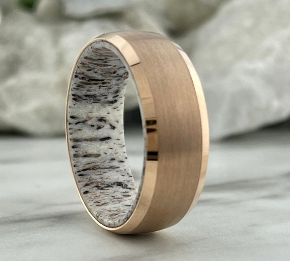 Rose Gold Deer Antler Men Wedding Band Tungsten Ring Brushed Design 8MM Sizes 6 to 14 Unique Male Anniversary Engagement Promise Gift