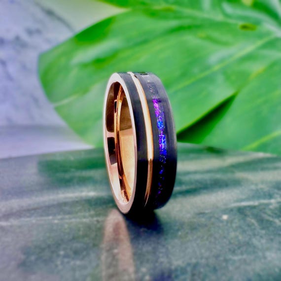 Amethyst Nebula Tungsten Carbide Ring Rose Gold and Black Wedding Engagement Ring for Men and Women Comfortable Fit 6mm