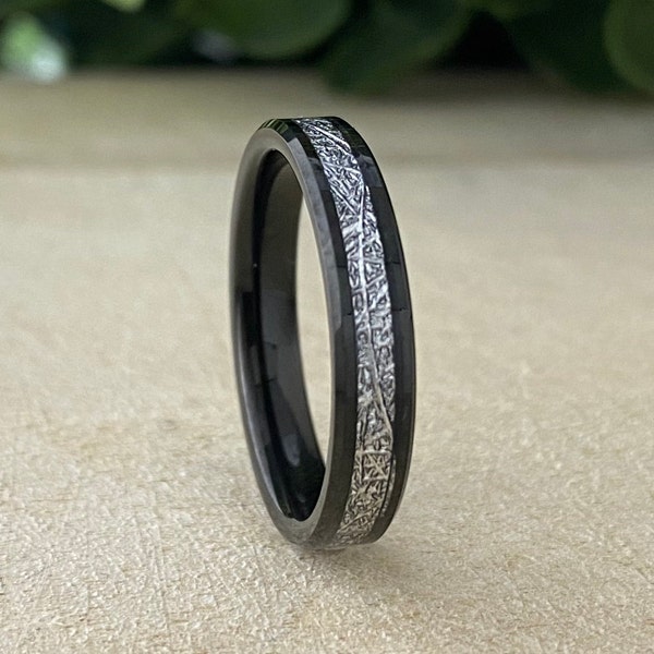 Black Meteorite Tungsten Ring 4mm Thin Wedding Band Women Beveled Skinny Comfort Fit Size 4 to 14 Wife  Anniversary Her Engagement Gift Idea