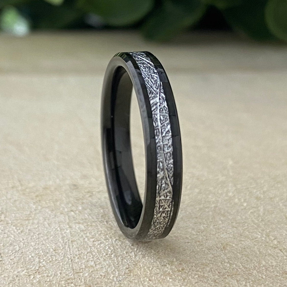 Black Meteorite Tungsten Ring 4mm Thin Wedding Band Women