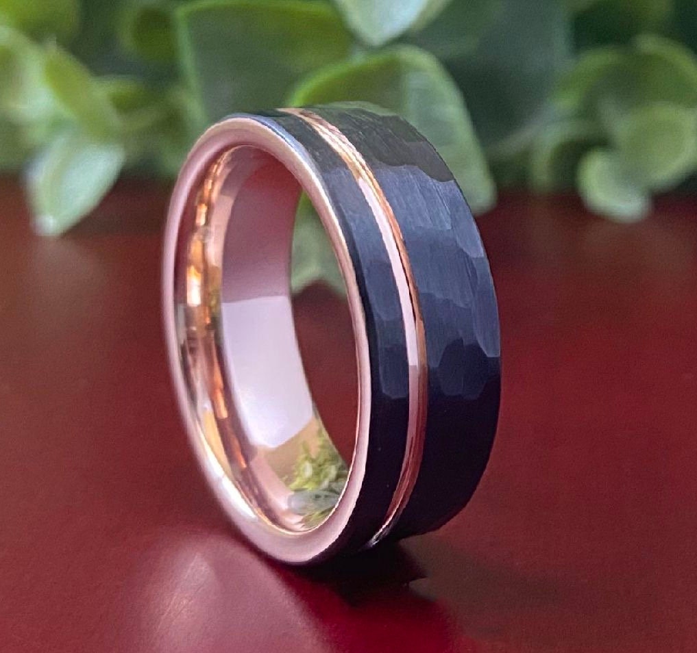 Black Hammered Rose Gold Tungsten Ring Men Wedding Band