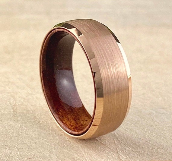 Rose Gold Tungsten Ring Wood Male Wedding Band 8MM Brushed Design Men Engagement Jewelry Comfort Fit Sizes 5 to 15 His Anniversary Gift Idea