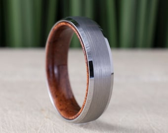Wood Inside Grey Tungsten Ring 6MM Wedding Band Brushed Design Men Women Comfort Fit Size 5 to 14 His Her Engagement Anniversary Unique Gift