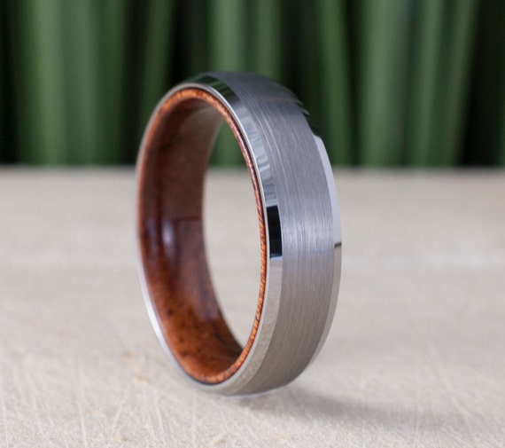 Wood Inside Grey Tungsten Ring 6MM Wedding Band Brushed Design Men Women Comfort Fit Size 5 to 14 His Her Engagement Anniversary Unique Gift