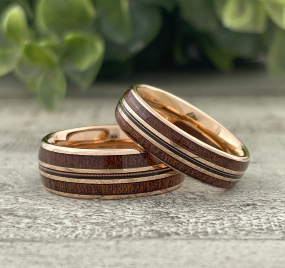 Rose Gold Wood Guitar String Tungsten Ring Set Men Women Wedding Band 8MM 6MM Size 4 to 15 His Hers Anniversary Gift Duo Promise Ring