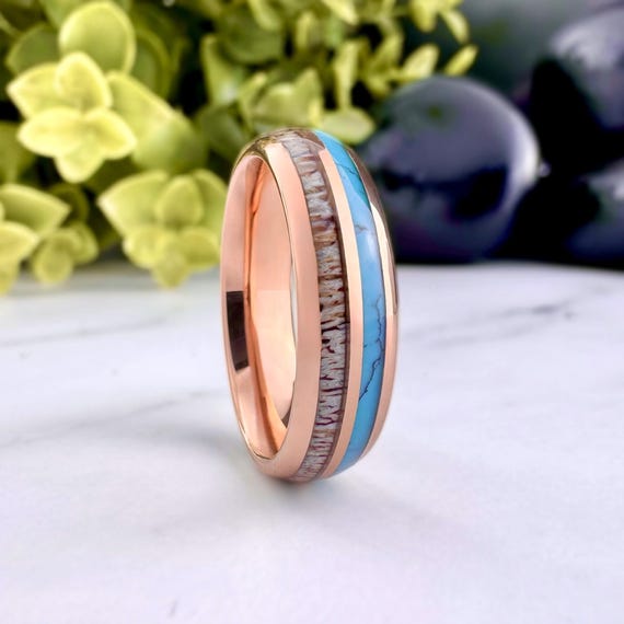 Deer Antler Turquoise Wedding Band Rose Gold Polished Tungsten Ring Domed Design 6MM