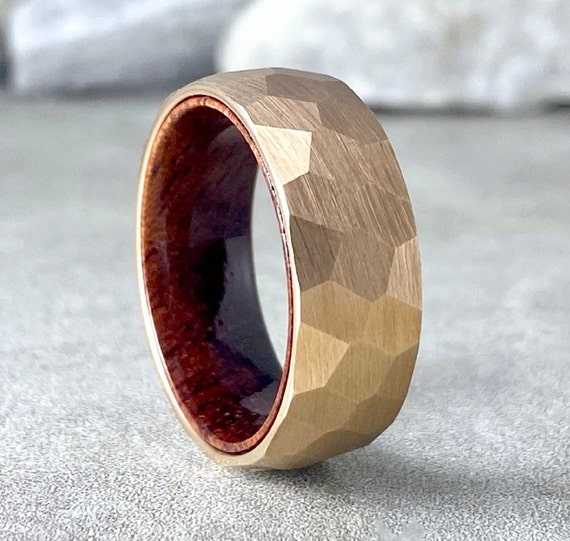 Rose Gold Hammered Tungsten Ring Wood Men Wedding Band Rosewood Inside Brushed Design 8MM Size 5 to 15 Male Anniversary His Engagement Gift