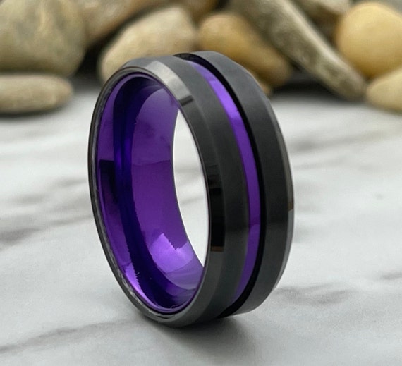 Black Wedding Band Purple Aluminum Ring Men Anniversary Gift Size 5 to 14 Comfort Fit Engagement Promise Ring Personal Engraving