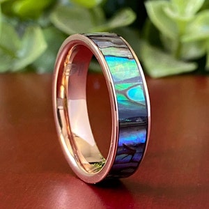 Mother of Pearl Tungsten Ring Rose Gold Wedding Band Men Women Abalone Shell 6MM Size 5 to 14 Great Anniversary His Her Engagement Promise
