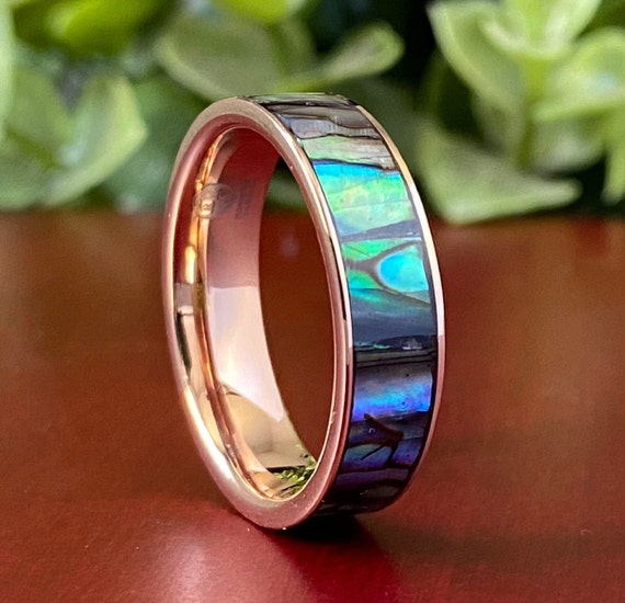 Mother of Pearl Tungsten Ring Rose Gold Wedding Band Men Women Abalone Shell 6MM Size 5 to 14 Great Anniversary His Her Engagement Promise