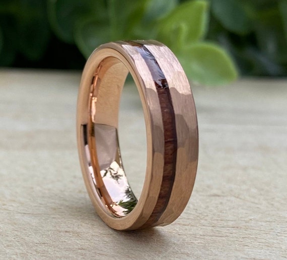 Hammered Rose Gold Tungsten Ring Men Women Wood Inlay 6MM Unisex Wedding Band Brushed Size 5 to 14 Male His Her Anniversary Valentines Gift