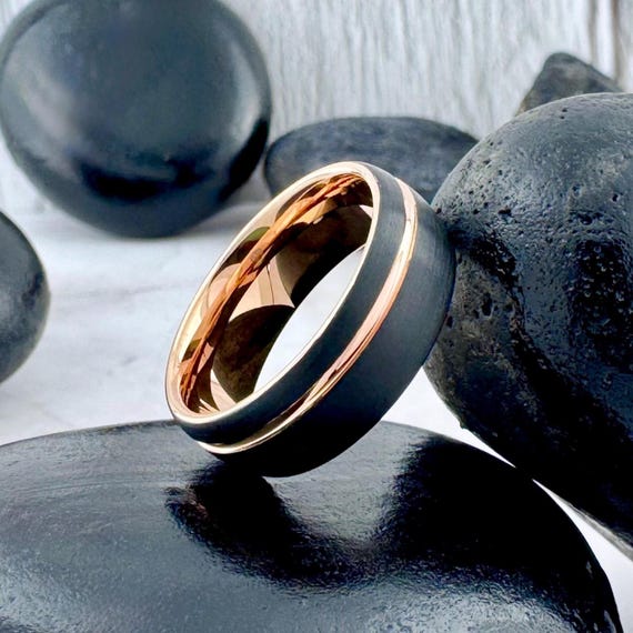 Rose Gold Wedding Band With Groove Men Black Tungsten Ring Two Tone Matte Brushed Design Male 8MM Anniversary Engagement Ring