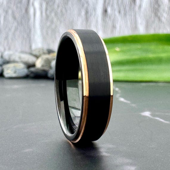 Two Tone Black Rose Gold Tungsten Ring Men Women Wedding Band 6mm Classy Brushed Beveled Design