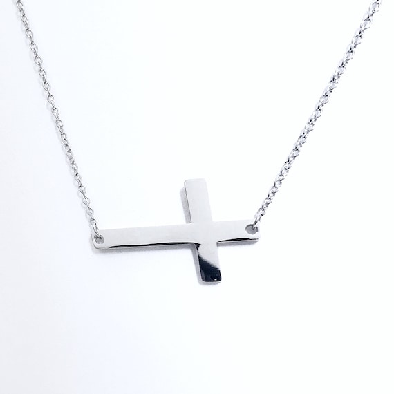 Cross Necklace Sideways Stainless Steel Women's Religious Fashion Jewelry Shiny Silver Color Valentines Day Gift With Free Shipping