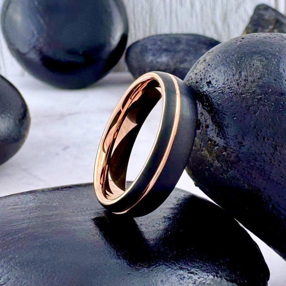 Rose Gold and Black Tungsten Ring Men Woman Wedding Band 6mm Wide with Groove Polished and Brushed Dome Design His Her Engagement Ring