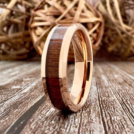 Koa Wood Ring Rose Gold Men Women Wedding Band 6MM Tungsten Anniversary Ring
