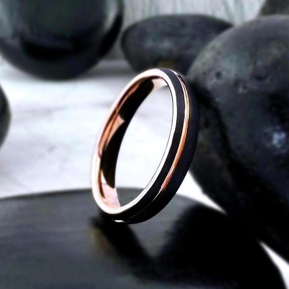 Women Thin Rose Gold Tungsten Ring Black Brushed Wedding Band 4MM Wide Men's Slim Engagement Ring His Hers Anniversary Gift