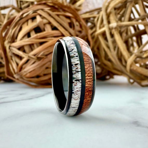 Black Engagement Tungsten Ring, Deer Antler and Wood Inlay, Mens Wedding Bands 8mm
