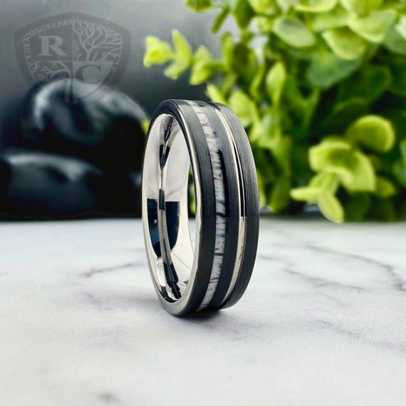 6mm Black Wedding Band Men Women Grey Tungsten Ring with Deer Antler Inlay, Mothers Day Gift