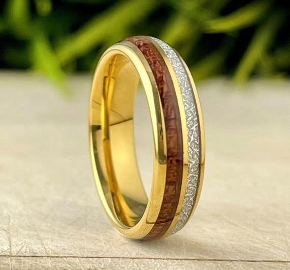 Gold Tungsten Wedding Ring Wood Meteorite Inlay Men Women Anniversary Band Polish Domed Design 6MM Size 5 - 14 Male Promise Engagement Gift