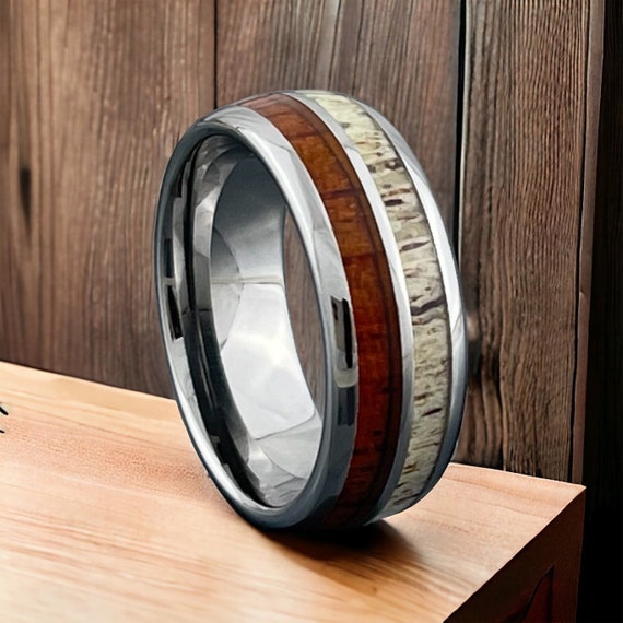 Wood Deer Antler Wedding Ring Silver Color Tungsten Ring His Or Hers Anniversary Ring 8mm Nature Engagement Proposal Jewelry