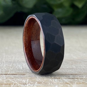 Black Hammered Tungsten Ring Wood Wedding Band Men Rosewood Inlay Brushed Design 8MM Width Size 5 to 15 Male Anniversary His Engagement Gift