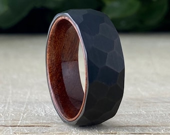 Black Hammered Tungsten Ring Wood Wedding Band Men Rosewood Inlay Brushed Design 8MM Width Size 5 to 15 Male Anniversary His Engagement Gift