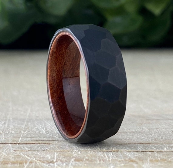 Black Hammered Tungsten Ring Wood Wedding Band Men Rosewood Inlay Brushed Design 8MM Width Size 5 to 15 Male Anniversary His Engagement Gift