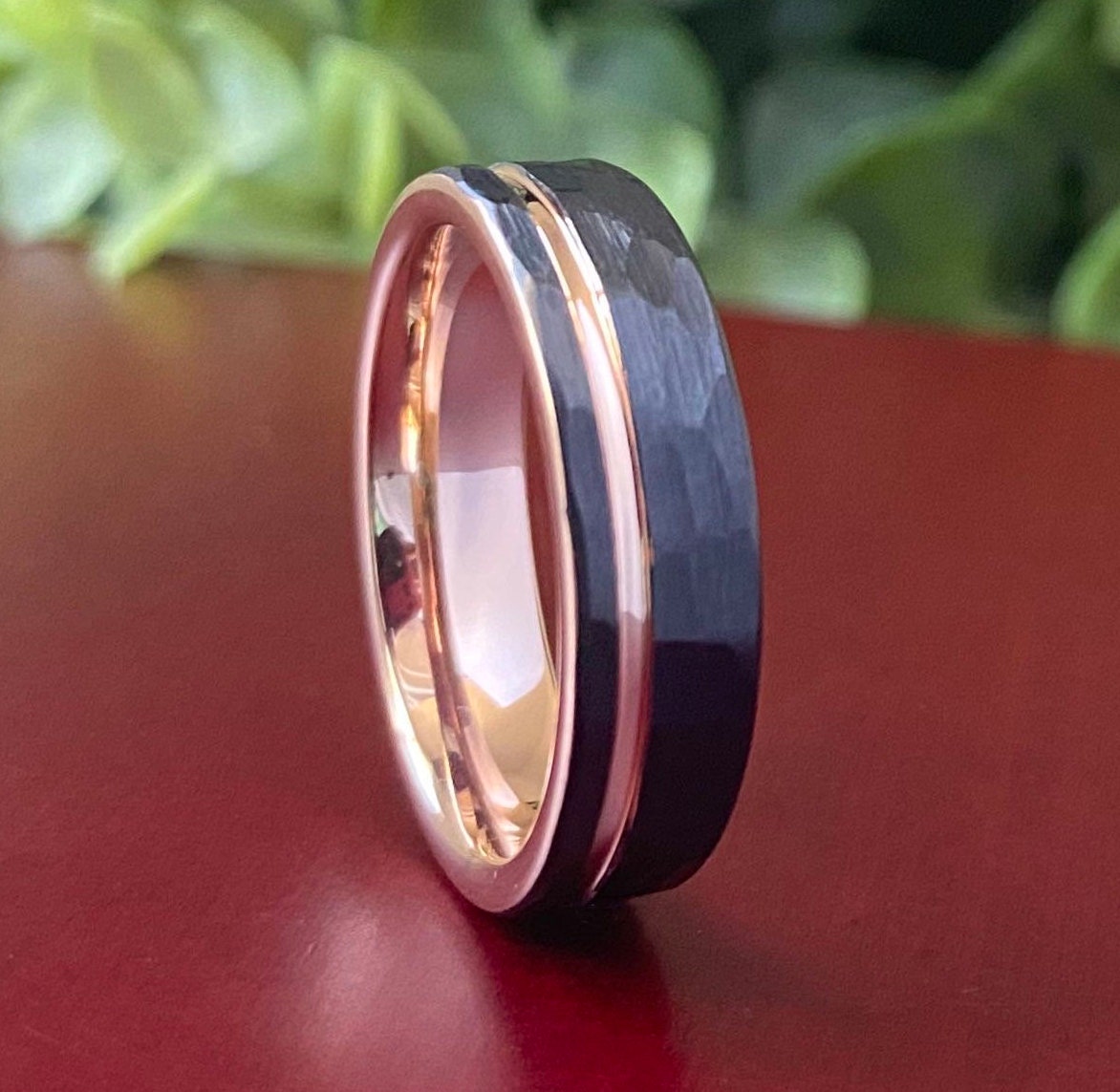 Rose Gold Tungsten Ring Black Hammered Wedding Band Women