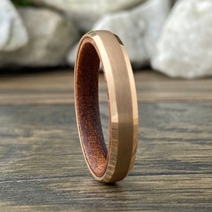 Rose Gold Slim Wedding Band Wood Inside Tungsten Ring Women Men 4MM Thin Matte Finish Sizes 5 to 13 Anniversary Engagement Unique Gift Idea