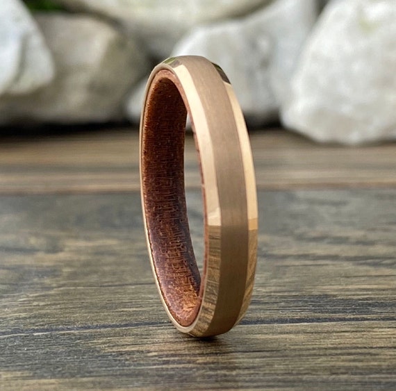 Rose Gold Slim Wedding Band Wood Inside Tungsten Ring Women Men 4MM Thin Matte Finish Sizes 5 to 13 Anniversary Engagement Unique Gift Idea