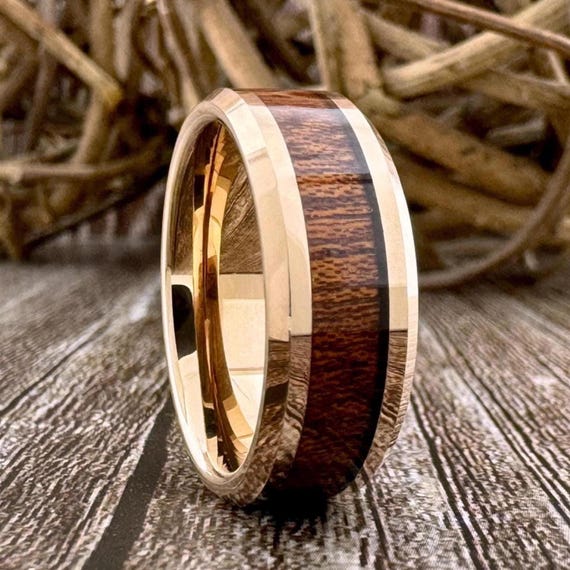 Rose Gold Koa Wood Ring Men Women Wedding Band Polished Beveled 8MM