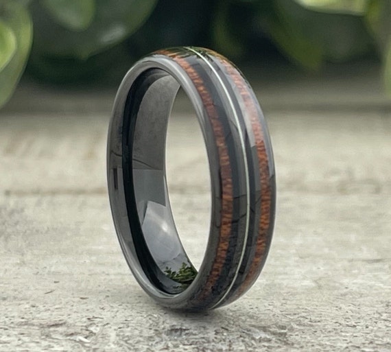 Black Wedding Band Wood Guitar String Ring Men Women 6MM Promise Ring Musician Gift Engagement Anniversary Ring Sizes 4 to 14