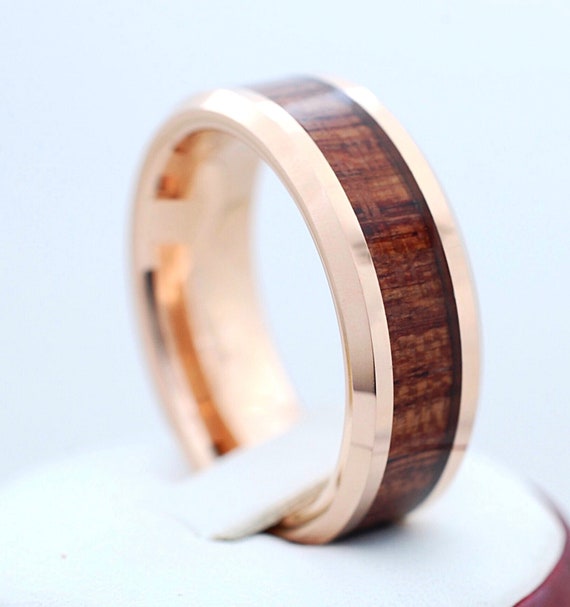 Rose Gold Tungsten Ring Wood Inlay Men Women Wedding Band Polished Elegant Beveled 8MM Size 5 to 15 His or Her Anniversary Engagement Gift