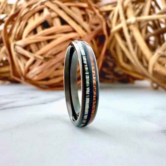 Thin Black Tungsten Ring Deer Antler and Wood Inlay 4MM Men Women Wedding Engagement Ring
