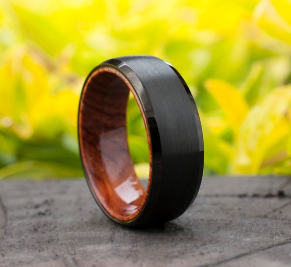 Wood Sleeve Tungsten Ring Black Wedding Band Brushed Rosewood