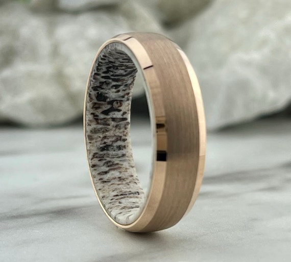 Deer Antler Men Wedding Band Rose Gold Tungsten Ring Brushed Design 6MM Sizes 5 to 13 Unique Anniversary His Engagement Promise Ring