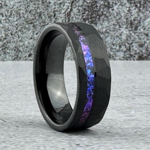 Nebula Ring Alexandrite Black Hammered Wedding Band Tungsten Carbide Purple Ring Men Anniversary Band 8mm Size 5 to 12 Engagement Ring