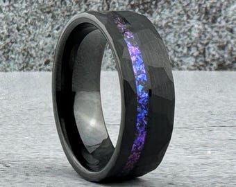 Nebula Ring Alexandrite Black Hammered Wedding Band Tungsten Carbide Purple Ring Men Anniversary Band 8mm Size 5 to 14 Engagement Ring