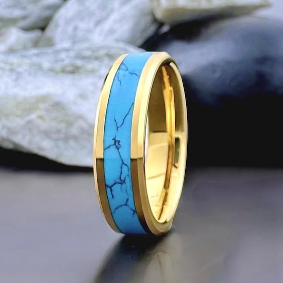 Men Women Gold Wedding Band Turquoise Inlay Tungsten Engagement Ring 6mm Comfort Fit Promise Anniversary Gift