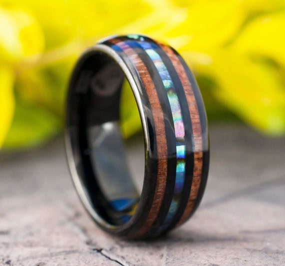 Black Tungsten Wood Ring Men Women Abalone Shell Wedding Band Pearl Wood 3-Layer 8MM Size 5 to 15 Anniversary His or Her Elegant Unique Gift