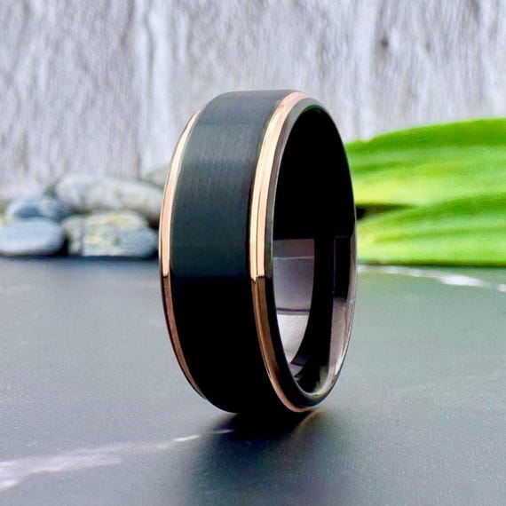 Men Black Wedding Band with Rose Gold Beveled Thin Lines, Women Classic Brushed Design Tungsten Ring 8mm His Hers Anniversary Special Gift