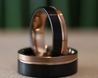 Rose Gold and Black Wedding Band Set, Men Women Brushed Groove Tungsten Rings His and Hers Anniversary Gift