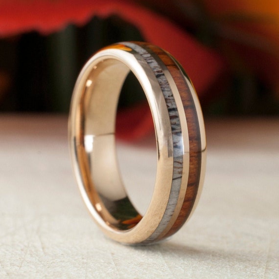 6MM Wood Deer Antler Tungsten Ring Rose Gold Wedding Band Rose Gold Men Women 2-Inlay Domed Design Size 5 to 14 His Her Anniversary Gift
