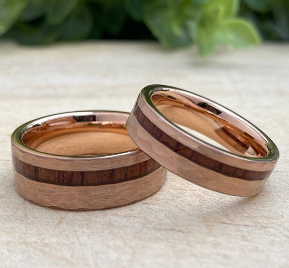 Rose Gold Hammered Tungsten Ring Set Wood Inlay His Her Wedding Band 8MM 6MM 4MM Size 4 to 15 Men Women  Anniversary Duo Or Single Love Gift