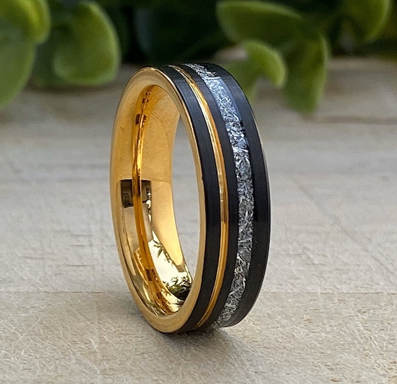 Gold Tungsten Ring 6MM Male Meteorite Inlay Black Wedding Band Yellow Groove Men Comfort Fit Size 4 to 14 Anniversary Engagement Gift Idea